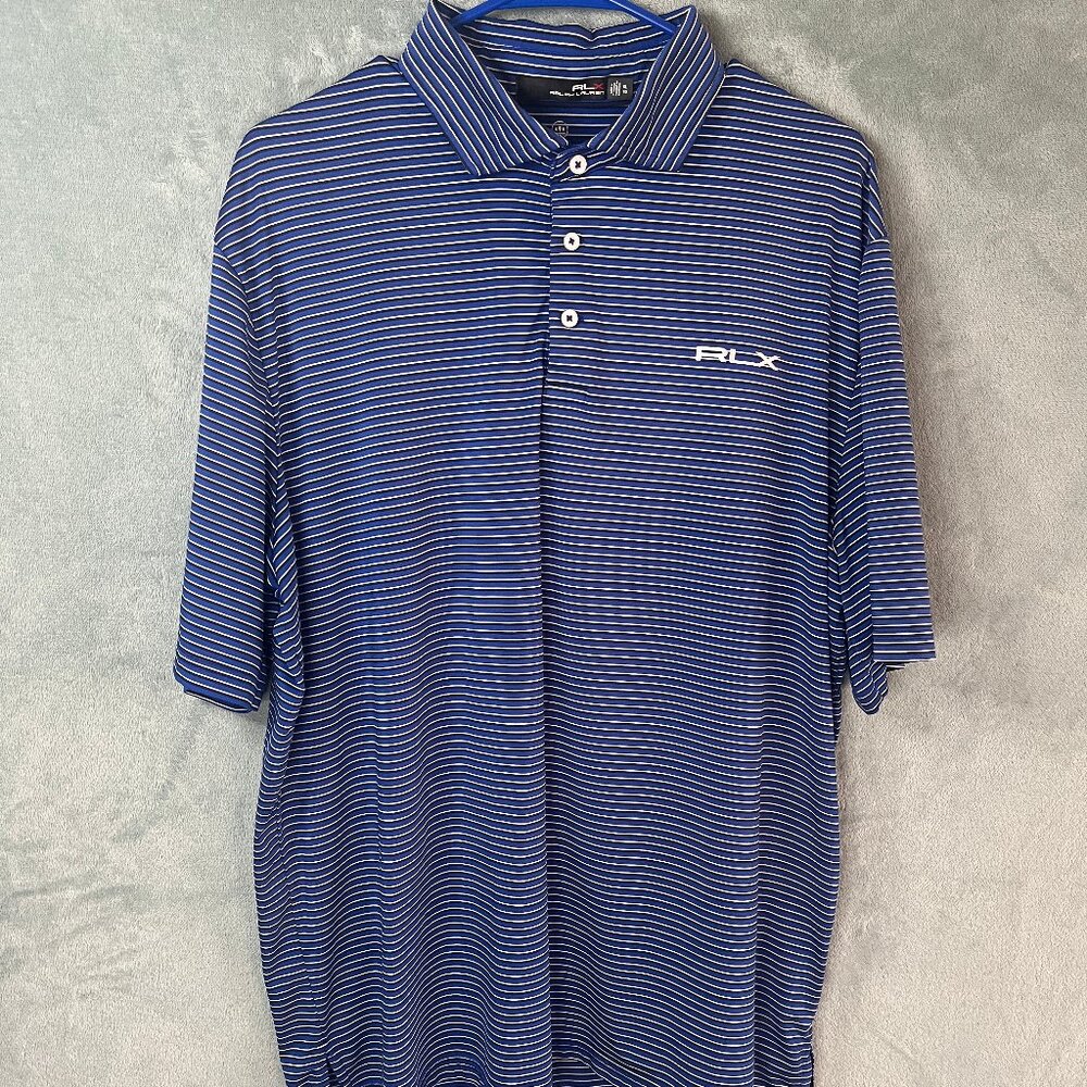 RLX Ralph Lauren Polo Shirt Mens XL Blue Striped SS Golf Stretch Wicking Logo